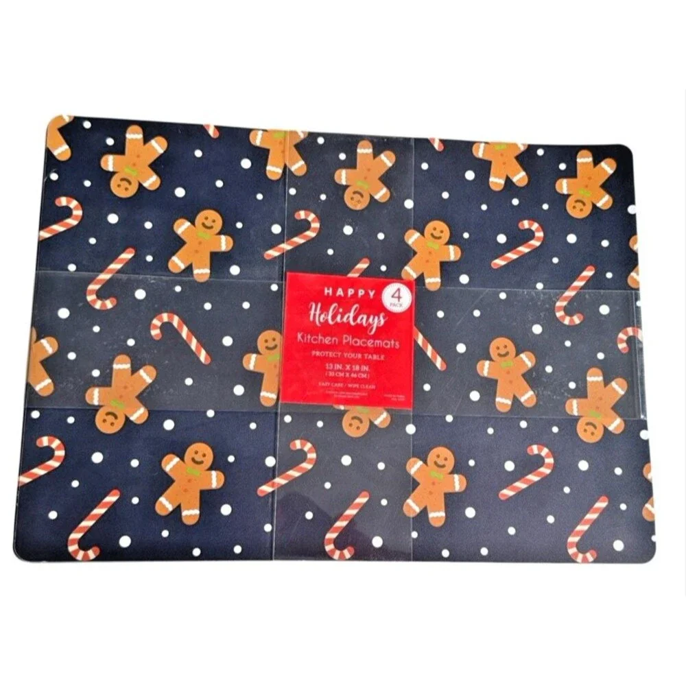 Christmas Placemats Gingerbread Men Set of 4 Vinyl Foam Back Navy Holiday 13x18